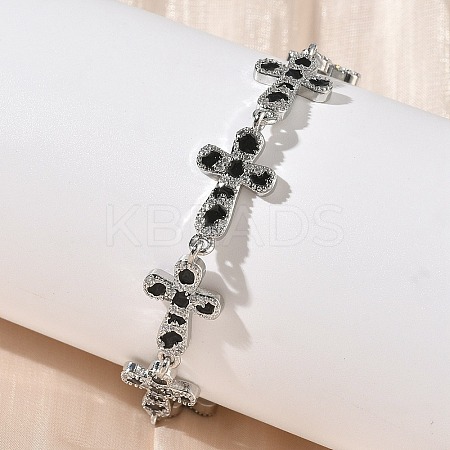 Brass Enamel Micro Pave Clear Cubic Zirconia Cross Link Chain Bracelets for Women BJEW-G764-02P-1