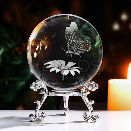 Inner Carving Butterfly & Flower Glass Crystal Ball Diaplay Decoration PW-WGA67BB-02-1