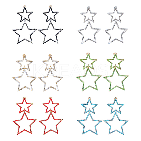 6 Pairs 6 Colors Alloy Hollow Star Dangle Stud Earrings with Rhinestone for Women EJEW-FI0001-87-1