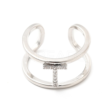 Clear Cubic Zirconia Initial Letter Open Cuff Ring RJEW-A012-01P-T-1