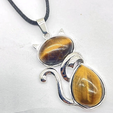Natural Tiger Eye Alloy Cat Shape Pendant Necklaces KJ2639-3-1