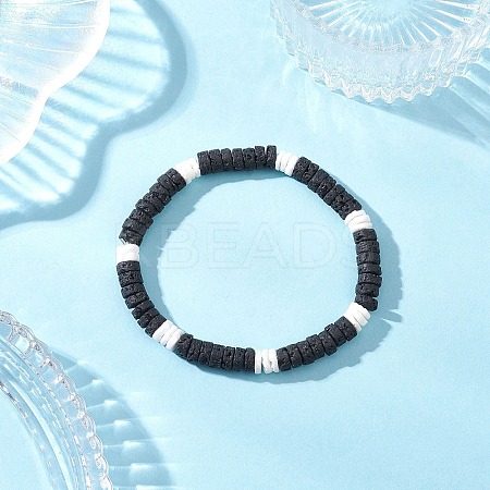 Natural Lava Rock & White Shell Flat Round Beads Stretch Bracelets for Women BJEW-JB12462-02-1