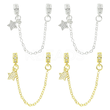 4Pcs 2 Colors Brass Pave Clear Cubic Zirconia European Safety Chains with Charms KK-CJ0003-86-1