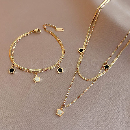 Star Stainless Steel with Natural Shell Double Layer Pendant Necklaces & Charm Bracelets Sets WGBAFA5-03-1