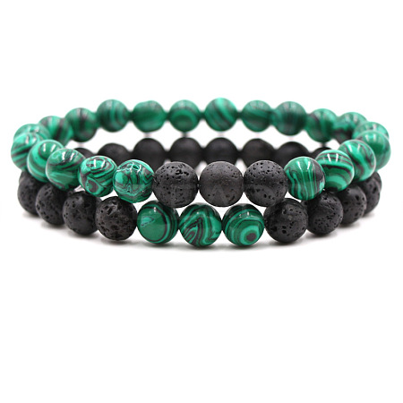 2Pcs 2 Styles Synthetic Malachite & Natural Lava Rock Round Beaded Stretch Bracelets for Couple FS-WGA2A2E-01-1