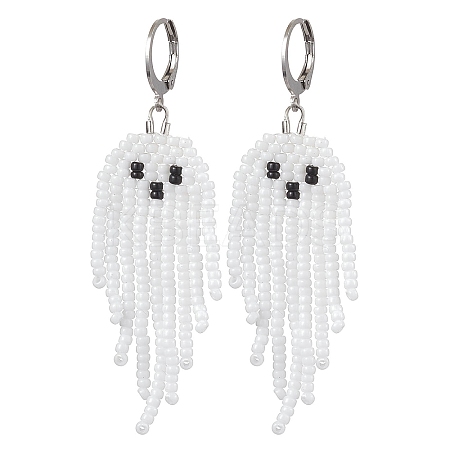 Halloween Woven MIYUKI Seed Beads Ghost Hoop Earrings EJEW-JE05854-01-1