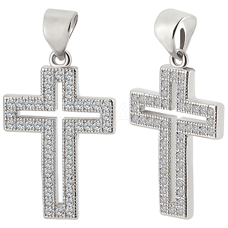 6Pcs Cross Brass Micro Pave Clear Cubic Zirconia Pendants KK-BBC0016-27-1