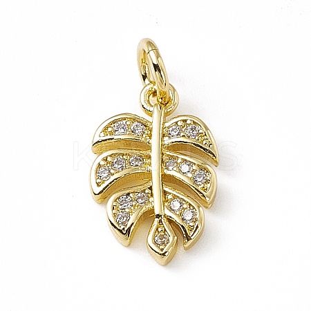 Brass Micro Pave Clear Cubic Zirconia Leaf Charms ZIRC-F132-62G-1