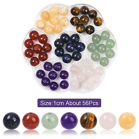 56Pcs 7 Styles Natural Green Aventurine & Lapis Lazuli & Rose Quartz & Carnelian & Tiger Eye &  Malaysia Jade & Yellow Jade Round Beads G-YW0002-61A-1