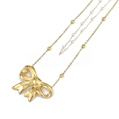 PVD Vacuum Plating 304 Stainless Steel & Plastic Imitation Pearl Double Layer Bowknot Pendant Necklaces NJEW-I129-03G-1