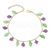Acrylic Leaf & Glass Seed Beaded Grapes Tassel Brass Bar Link Chain Anklets for Women AJEW-MZ00008-01-1