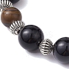 12mm Round Natural Black Onyx(Dyed & Heated) & 10mm Round Natural Tiger Eye & Alloy Beaded Stretch Bracelets for Women BJEW-JB10559-3
