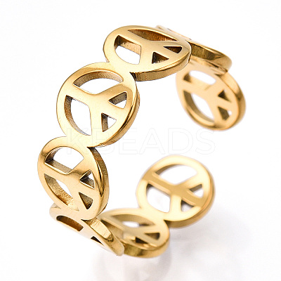 Ion Plating(IP) 304 Stainless Steel Peace Sign Open Cuff Ring for Women LS-RJEW-T027-08G-1
