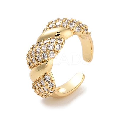 Twist Brass Micro Pave Clear Cubic Zirconia Open Cuff Ring for Women RJEW-C102-04G-1