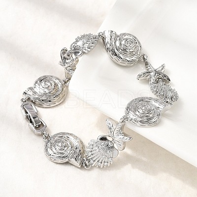 Summer Beach Brass Micro Pave Clear Cubic Zirconia Starfish & Shell Shape Link Chain Bracelets LS-BJEW-C118-02A-P-1