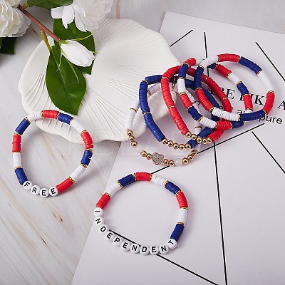 7Pcs 7 Style Word Independent Free Polymer Clay Heishi Surfer Stretch Bracelets Set BJEW-SW00039-1