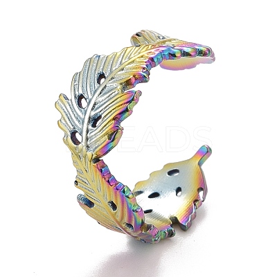Rainbow Color Ion Plating(IP) 304 Stainless Steel Leaf Wrap Open Cuff Ring for Women RJEW-A005-11-1
