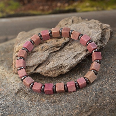 Cube Natural Red Line Jasper & Synthetic Non-magnetic Hematite Beads Stretch Bracelets for Women Men PF6426-16-1