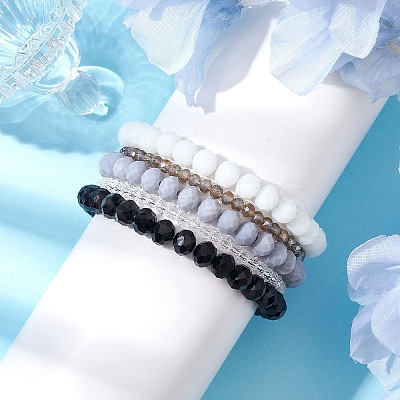 5Pcs 5 Styles Faceted Round Glass Beaded Stretch Bracelet Sets BJEW-JB10423-03-1