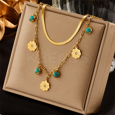 304 Stainless Steel & Synthetic Turquoise Pendant Double Layer Necklaces for Women FS-WG34384-03-1