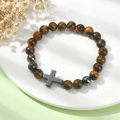 Natural Tiger Eye & Synthetic Hematite Corss Beaded Stretch Bracelets BJEW-JB09845-03-1