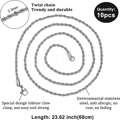 10Pcs 304 Stainless Steel Rope Chain Necklaces for Men Women NJEW-BC0001-07-1