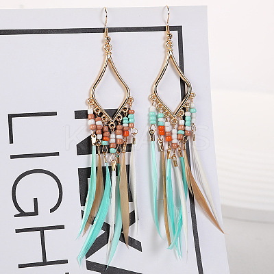 Bohemian Style Alloy Glass Seed Beaded Feather with Rhombus Chandelier Earrings FS-WG1E384-06-1