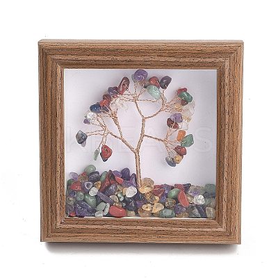 Natural Mixed Stone Chips Chips Tree of Life with Wooden Photo Frame Decorations DJEW-B013-04F-1