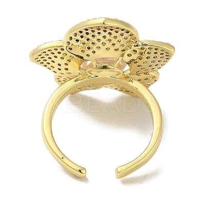Rack Plating Brass Micro Pave Cubic Zirconia Flower Open Cuff Rings RJEW-P110-03G-1