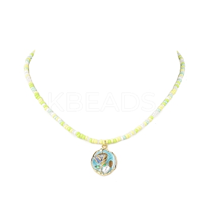 Flower Alloy Enamel Pendant Glass Seed Beaded Necklaces for Women NJEW-JN05550-01-1