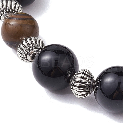 12mm Round Natural Black Onyx(Dyed & Heated) & 10mm Round Natural Tiger Eye & Alloy Beaded Stretch Bracelets for Women BJEW-JB10559-1