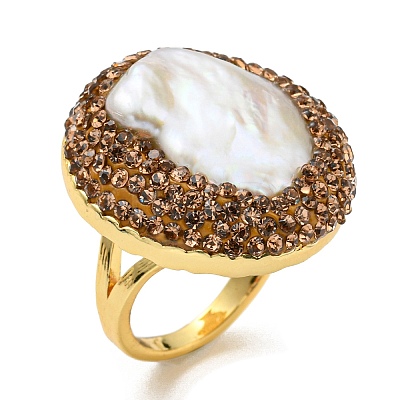 Natural Pearl Oval Open Cuff Ring with Rhinestone RJEW-D005-05G-1