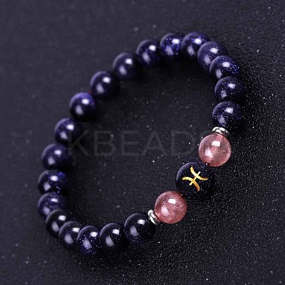 Pisces Round Synthetic Blue Goldstone & Natural Strawberry Quartz Stretch Bracelets for Women Men EA3132-4-1