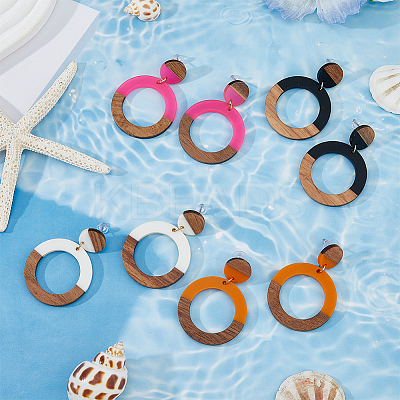 3 Pairs 3 Colors Resin & Wooden Donut Dangle Stud Earrings with 316 Surgical Stainless Steel Pins EJEW-FI0002-47-1