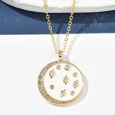 Brass Micro Pave Clear Cubic Zirconia Enamel Flat Round Moon Pendant Necklaces for Women NJEW-S449-03C-G-1