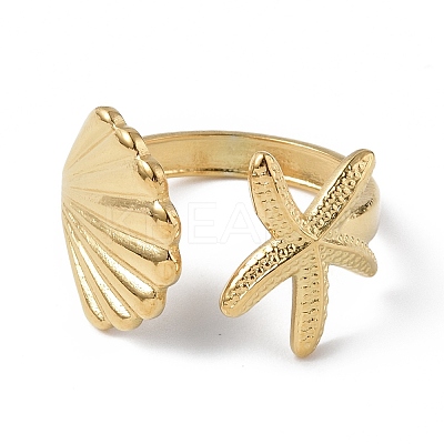 Ion Plating(IP) 304 Stainless Steel Shell with Starfish Open Cuff Ring for Women LS-RJEW-C046-03G-1