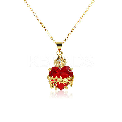 Brass Micro Pave Clear Cubic Zirconia and Red Resin Scared Heart Pendant Necklaces for Women FS-WG476F5-01-1