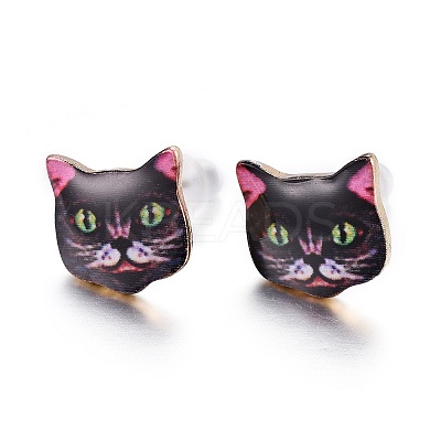 Real 14K Gold Plated Alloy Kitten Stud Earrings EJEW-G148-01G-02-1