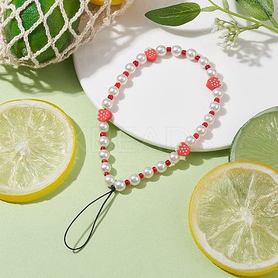 Fruits Polymer Clay & Imitated Pearl & Glass Beaded Mobile Straps HJEW-JM01641-03-1