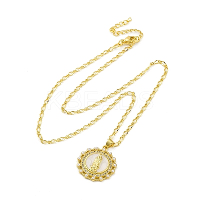Brass Clear Cubic Zirconia Flat Round with Virgin Mary Pendant Necklaces NJEW-C071-07A-G-1