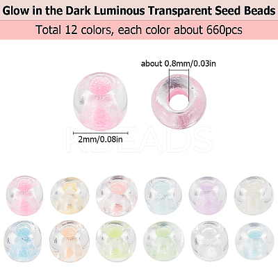 12 Colors Glow in the Dark Luminous Transparent 6/0 Glass Round Seed Beads GLAA-SC0002-06B-1