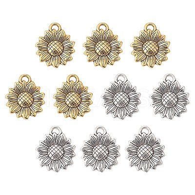 10Pcs 2 Colors Sunflower Tibetan Style Alloy Pendants TIBEP-YW0001-53-1