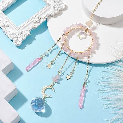 Natural Rose Quartz Chip Pendant Decorations with Brass Moon & Cable Chain & Electroplated Quartz Crystal Tassel HJEW-JM01650-04-1