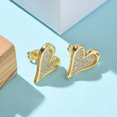 Brass Micro Pave Clear Cubic Zirconia Stud Earrings for Women EJEW-U034-01G-02-1