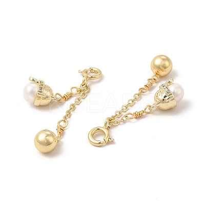 Brass Spring Ring Clasps with Natural Pearl Round Ornament KK-I697-11G-1