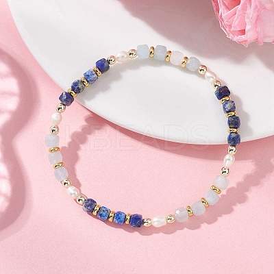 Natural Aquamarine & Natural Lapis Lazuli Cube Beaded Stretch Bracelets for Women BJEW-JB13390-03-1