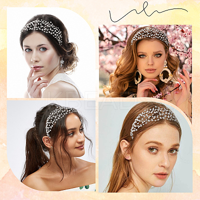 Brass ABS Plastic Pearl Beaded Elastic Headband OHAR-WH20008-02S-1