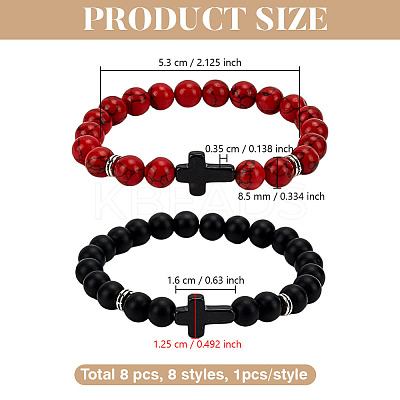 8Pcs 8 Styles Round & Cross Beaded Stretch Bracelets for Men Women BJEW-GO0001-37-1