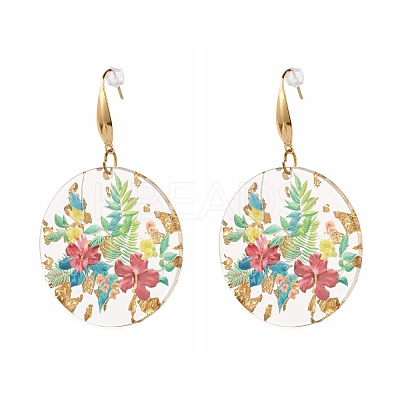 Transparent Epoxy Resin Flat Round with 3D Printed Flower Pattern Dangle Earrings EJEW-JE04580-1