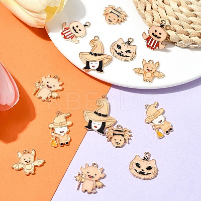 14Pcs 7 Styles Halloween Theme Rack Plating Luminous Alloy Enamel Pendants ENAM-FS0002-10G-1